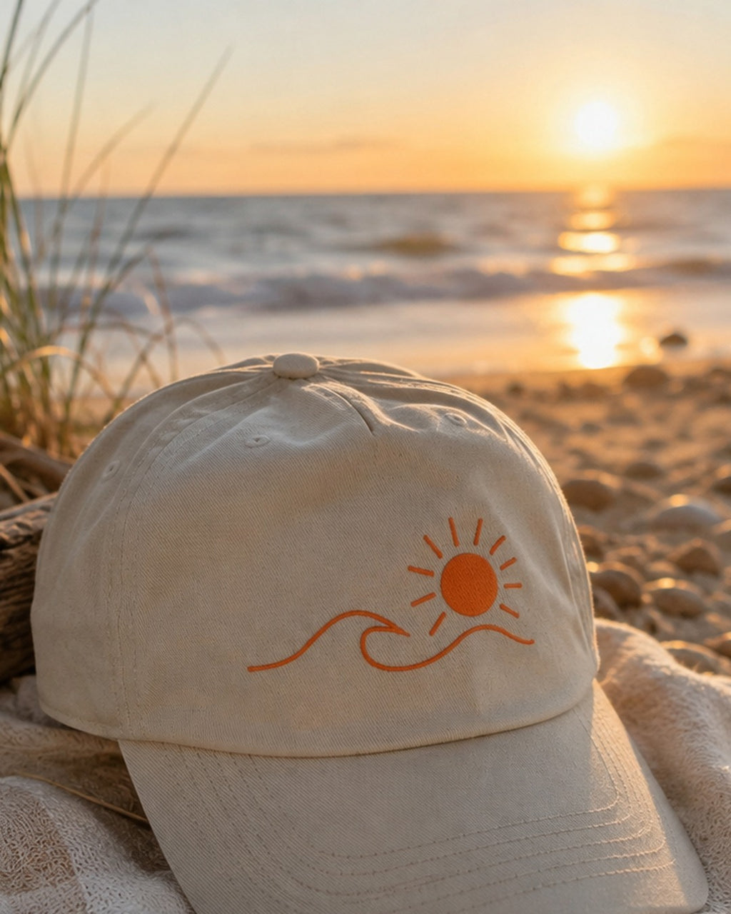 Casquette Écume & Soleil écrue posée sur le sable au coucher du soleil, logo soleil et vague