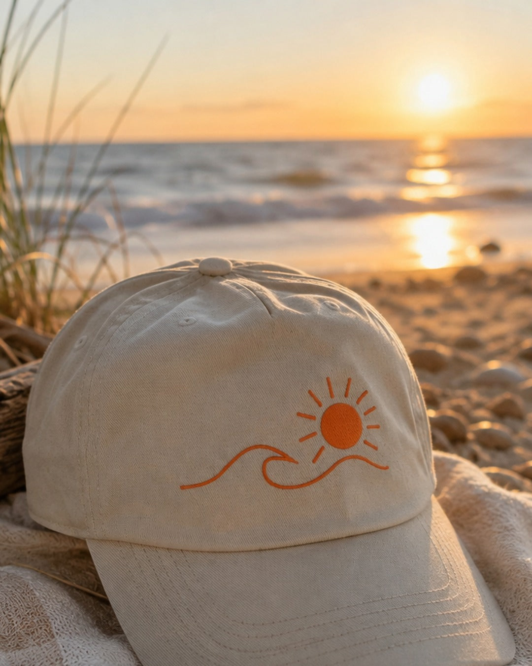 Casquette Écume & Soleil écrue posée sur le sable au coucher du soleil, logo soleil et vague