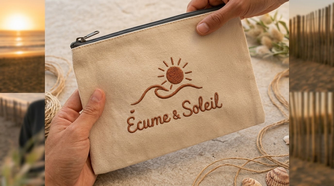 Pochette Libre Ensemble Écume & Soleil en coton sable tenue en main, logo soleil et vague