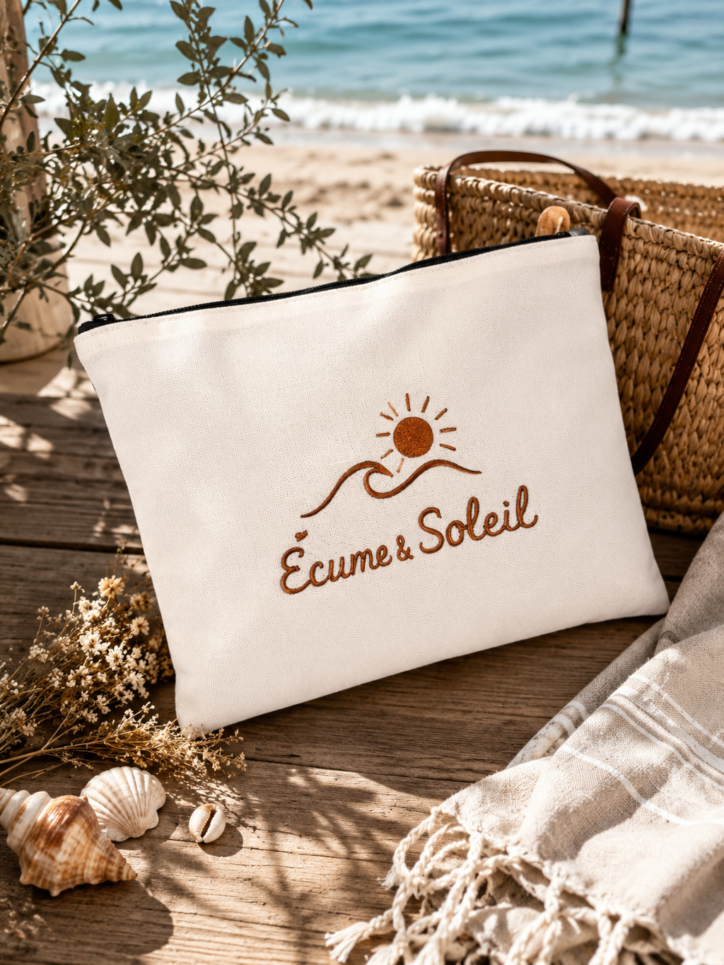 Pochette Libre Ensemble Écume & Soleil écrue posée sur un ponton en bois, coquillages et panier en osier