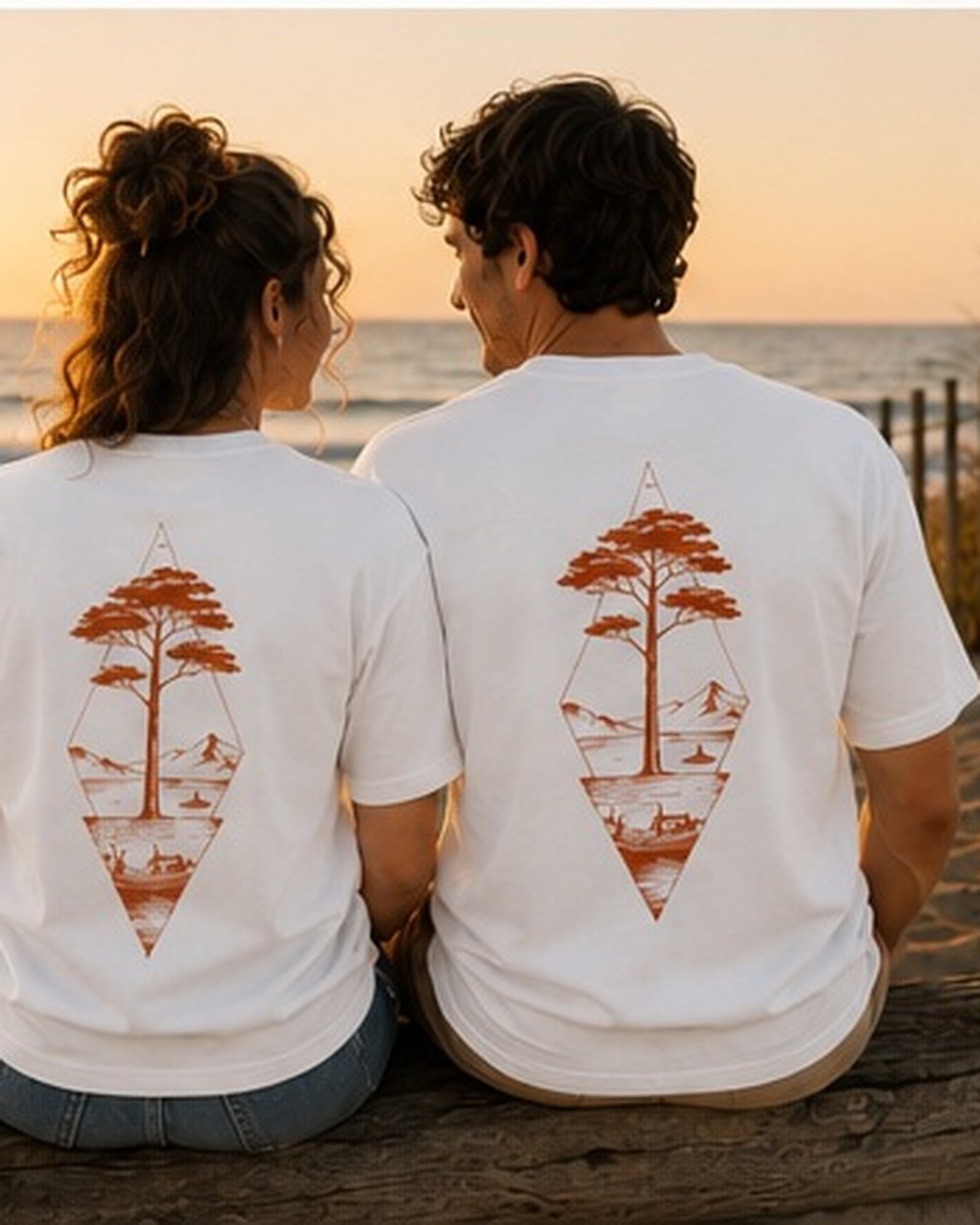 T-shirt Écume & Soleil motif Île & Pins blanc, vue de dos au coucher du soleil