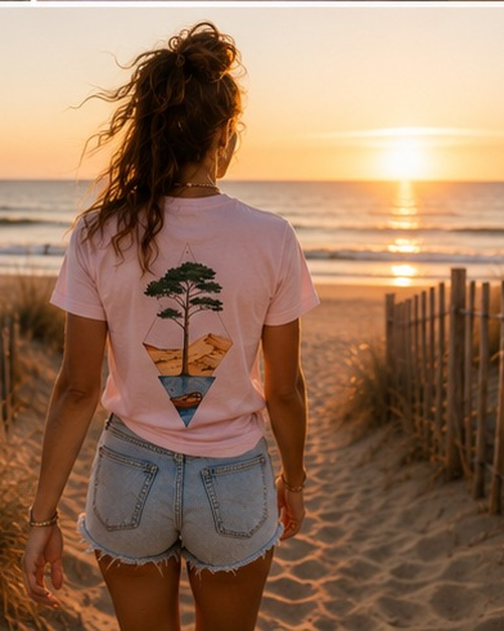 T-shirt Écume & Soleil motif Île & Pins Couleur rose, porté de dos face au coucher de soleil