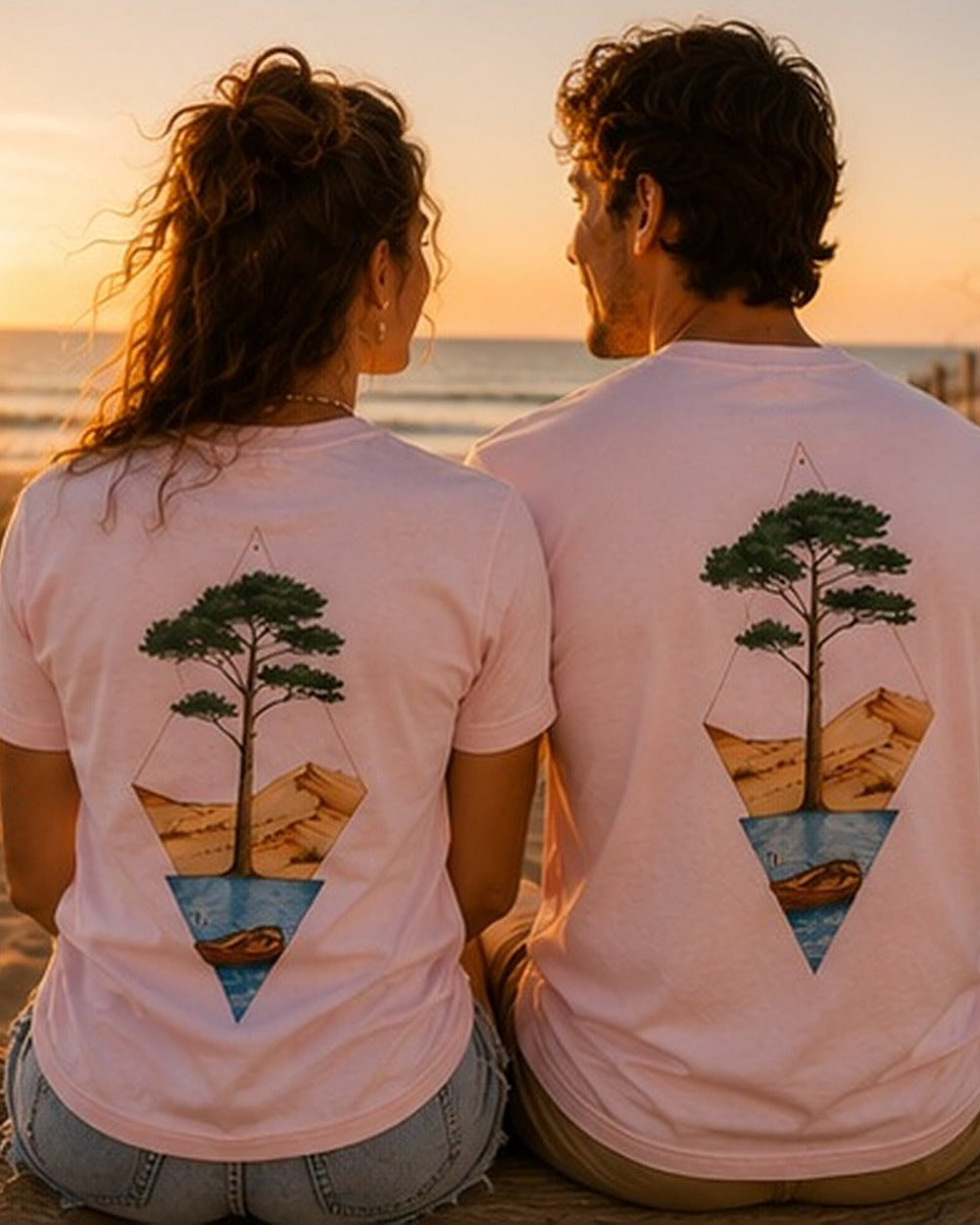 T-shirt Écume & Soleil motif Île & Pins Couleur, coloris rose, grand marquage dans le dos