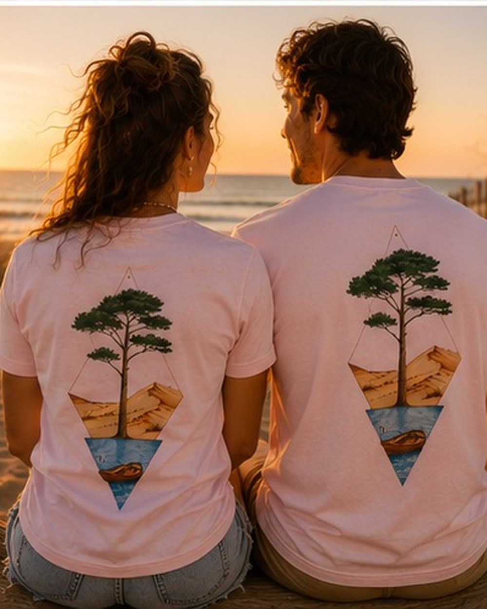 T-shirt Écume & Soleil motif Île & Pins Couleur, coloris rose, grand flocage dans le dos