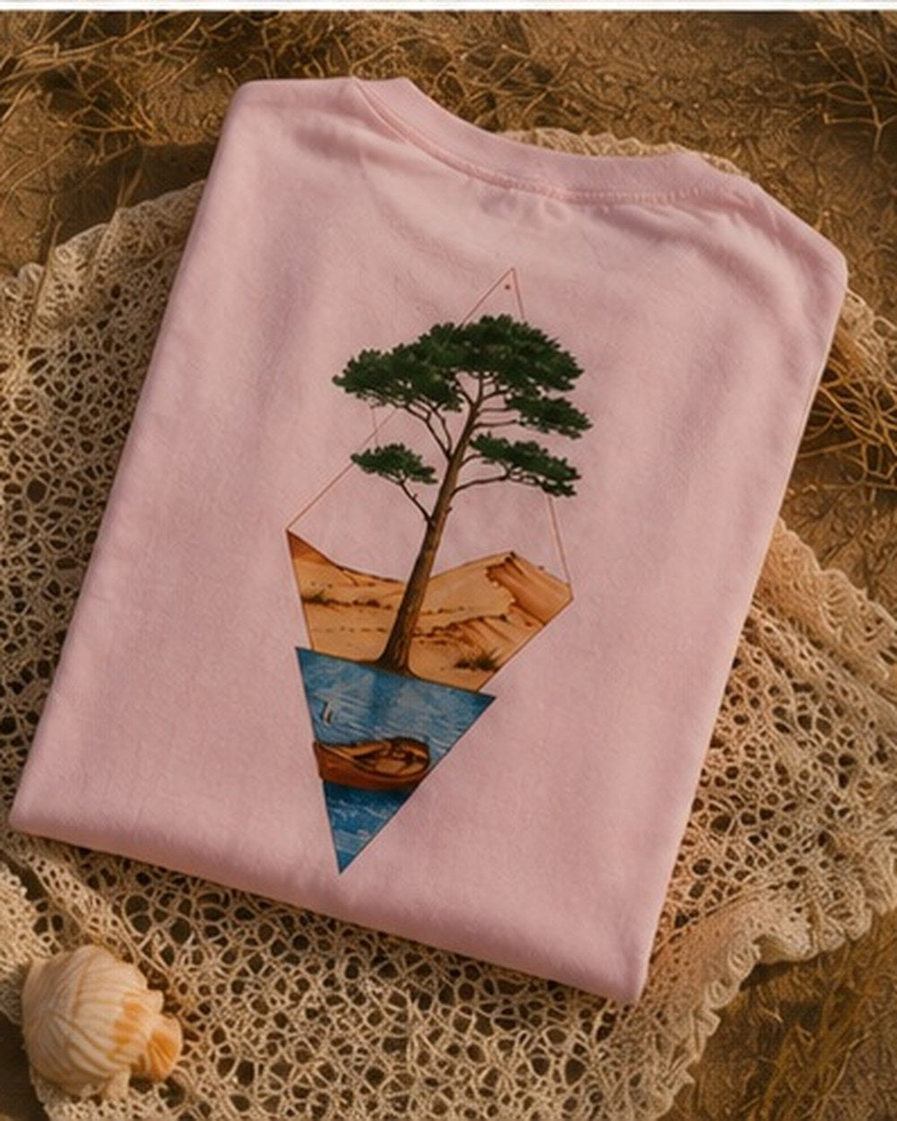 T-shirt Écume & Soleil motif Île & Pins Couleur, coloris rose, coton biologique 220 g/m²